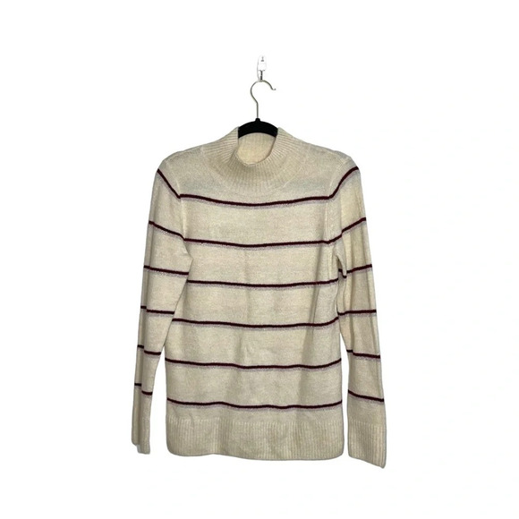 Old Navy Cream & Maroon Striped Mock Neck Plush Pullover Sweater Small Women’s - Picture 1 of 11